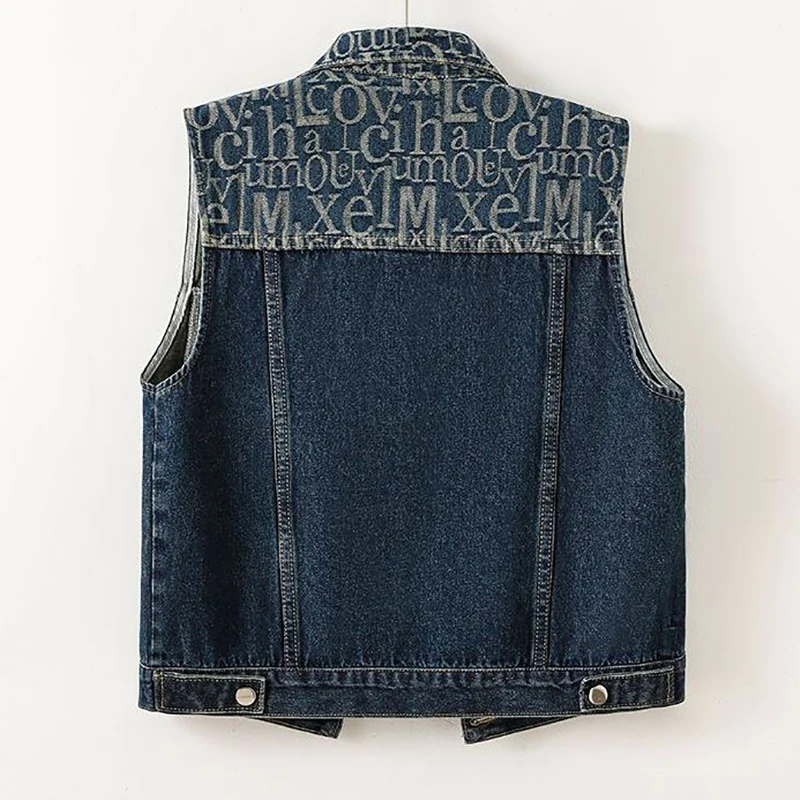 Vintage Letter Jacquard Denim Waistcoat Women Lapel Button Front Oversized Loose Sleeveless Jean Vest Casual Layering Outerwear