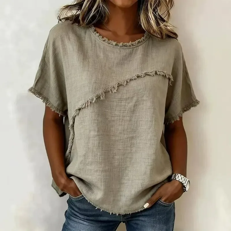 Women's Clothing Spring and Summer New Product Round Neck Short Sleeved Tassel Spliced Cotton and Linen Shirt for Europe America