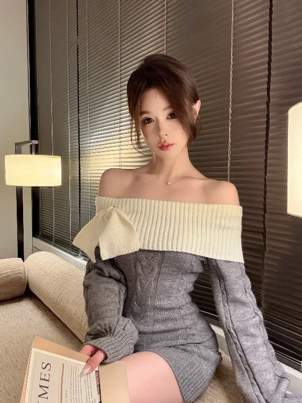 

Корейское модное платье в стиле Ins: красивое, с одним открытым плечом, короткое, женское, осенне-зимнее, вязаное, с узлом, в стиле Pure Desire