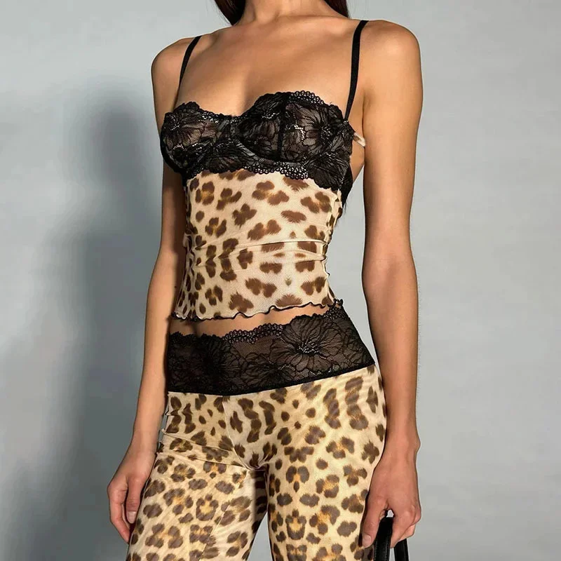 Lace Patchwork Leopard Print Sheer Mesh 2 Piece Set Women Sexy Camisole Crop Tops + Flare Pants Party Clubwear Slim Suits 2025