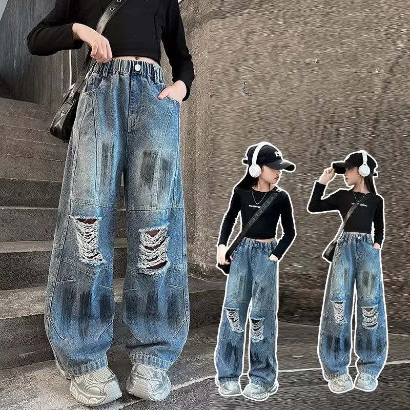 Girls Fashion Big Broken Hole Jeans for Kids New Spring Summer Trousers Streetwear Graffiti Ripped Denim Wide Leg Pants 5-14Year