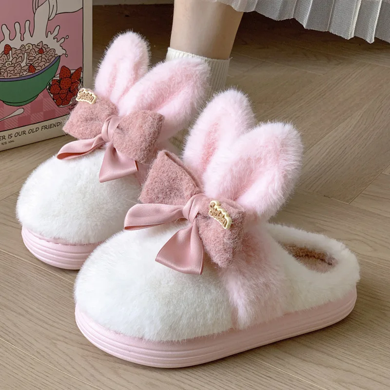 

New cute rabbit slippers woman indoor shoes pink bunny ear slipper funny clogs fluffy bowknot house shoes student girls slippers