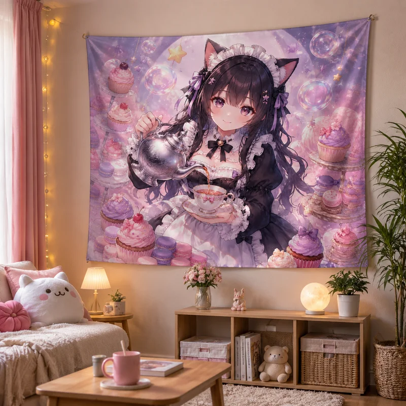 VIKAMA Cute Cat Maid Anime Tapestry, Pink Strawberry Dessert Kitchen Wall Hanging, Sweet Cat-Themed Girl Print Tapestry