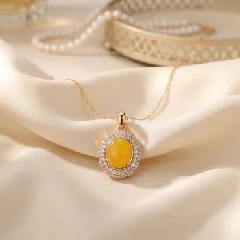 Certificate 925 Silver Full Diamond Natural Big Yellow Amber Pendant 18K Rose Gold Plated Chain Necklace 2026 Ins Trendy Jewelry