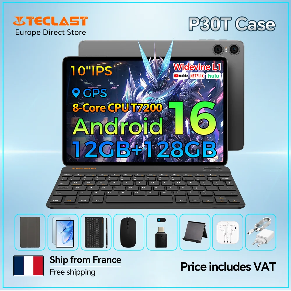 Tablette Teclast P30T Android 16 10,1 pouces 12 Go (4 Go + 8 Go) de RAM 128 Go de ROM T7200 Tout-en-un P30TCase/clavier/souris/stylet/casque/support
