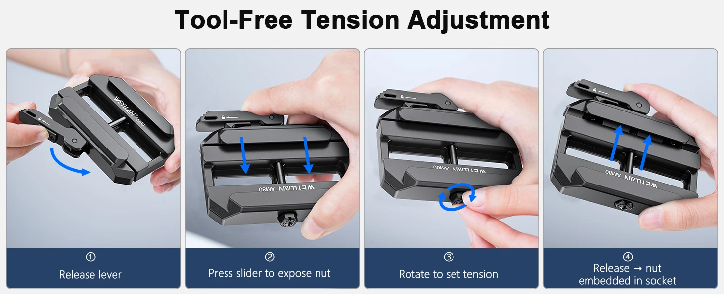 WEYLLAN AM80 MLOK Adapterhalterung ARCA-Zweibeinadapter mit Sicherheitsverriegelungshebel Werkzeuglose Spannungsverstellung Anti-Rotations-Sicherungsmutter – Detail 4