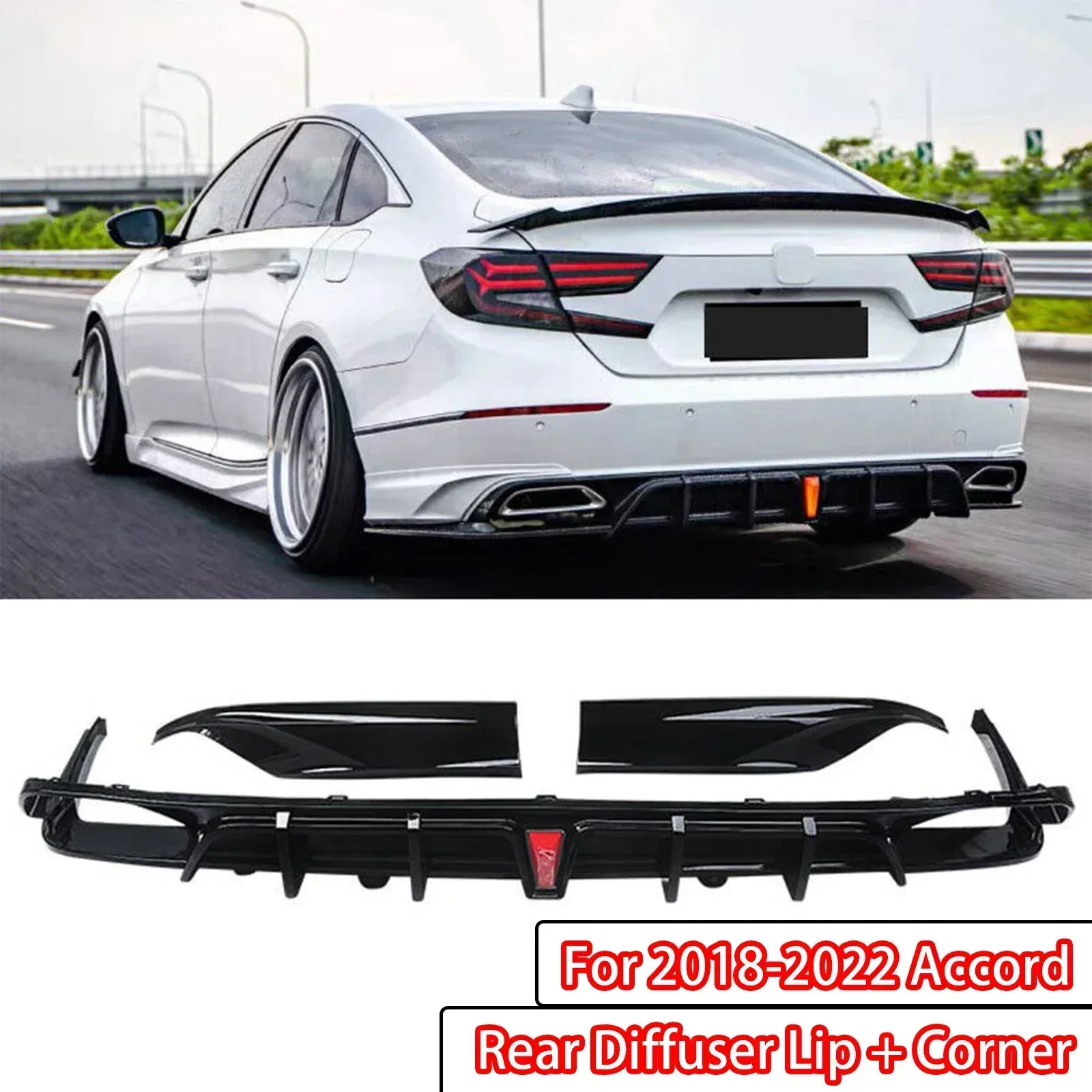 Yofer V2 Rear Bumper Diffuser Splitter Lip + Corner Apron Spats For 2018-2022 10th 10.5th Accord Glossy Black Carbon Fiber Look