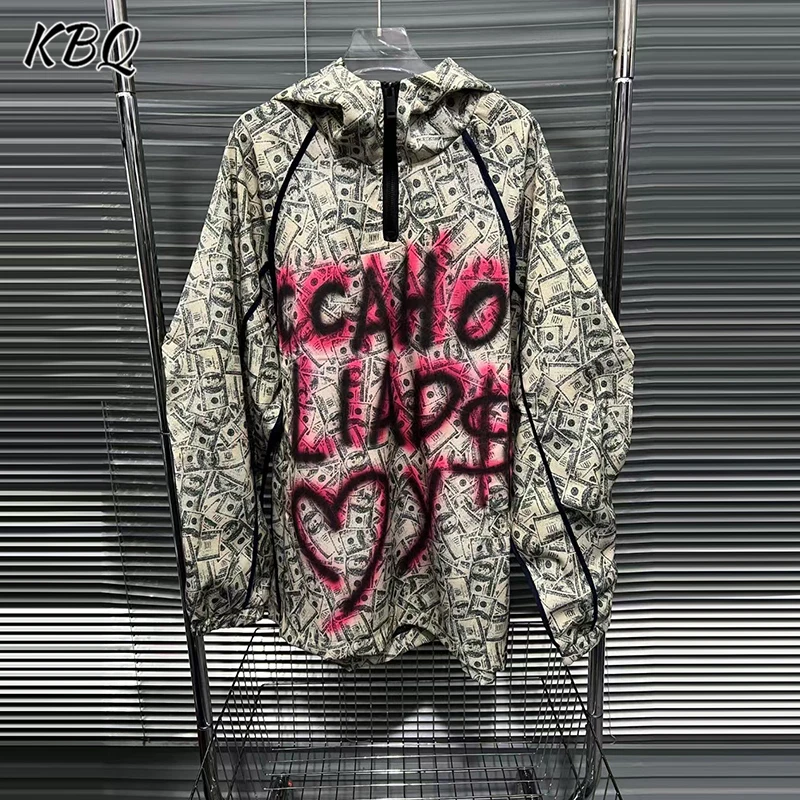 KBQ Colorblock Printting Desinger Chic Coats For Women Hooded Long Sleeve Spliced Zipper Streetwear Loose Jackets Female Fashion