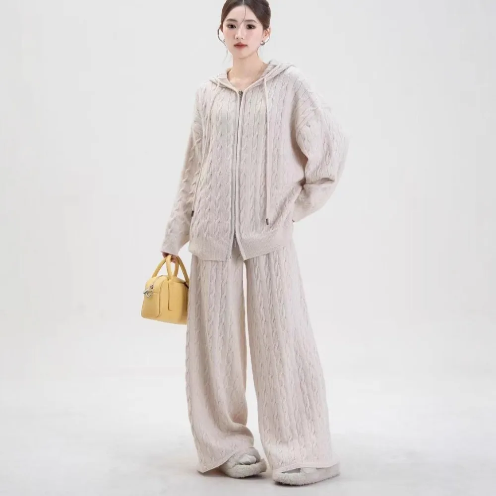 Vintage Twist Knitted Suit Women's Autumn and Winter Hooded Cardigan Wide-leg Pants Unique Texture Stylish Simple Two-piece Set