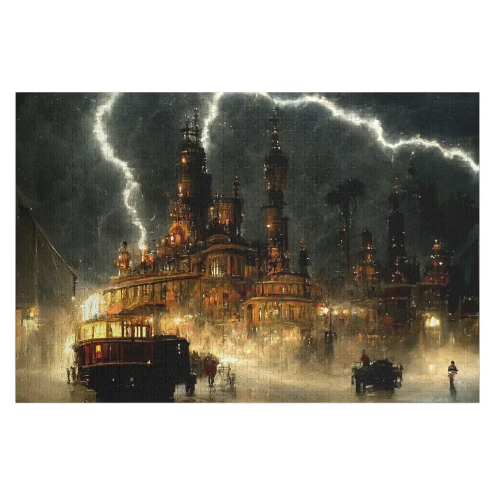 

Steampunk City during Lightening Storm Jigsaw Puzzle Personalized Child Gift Custom With Photo Woodens For Adults Puzzle