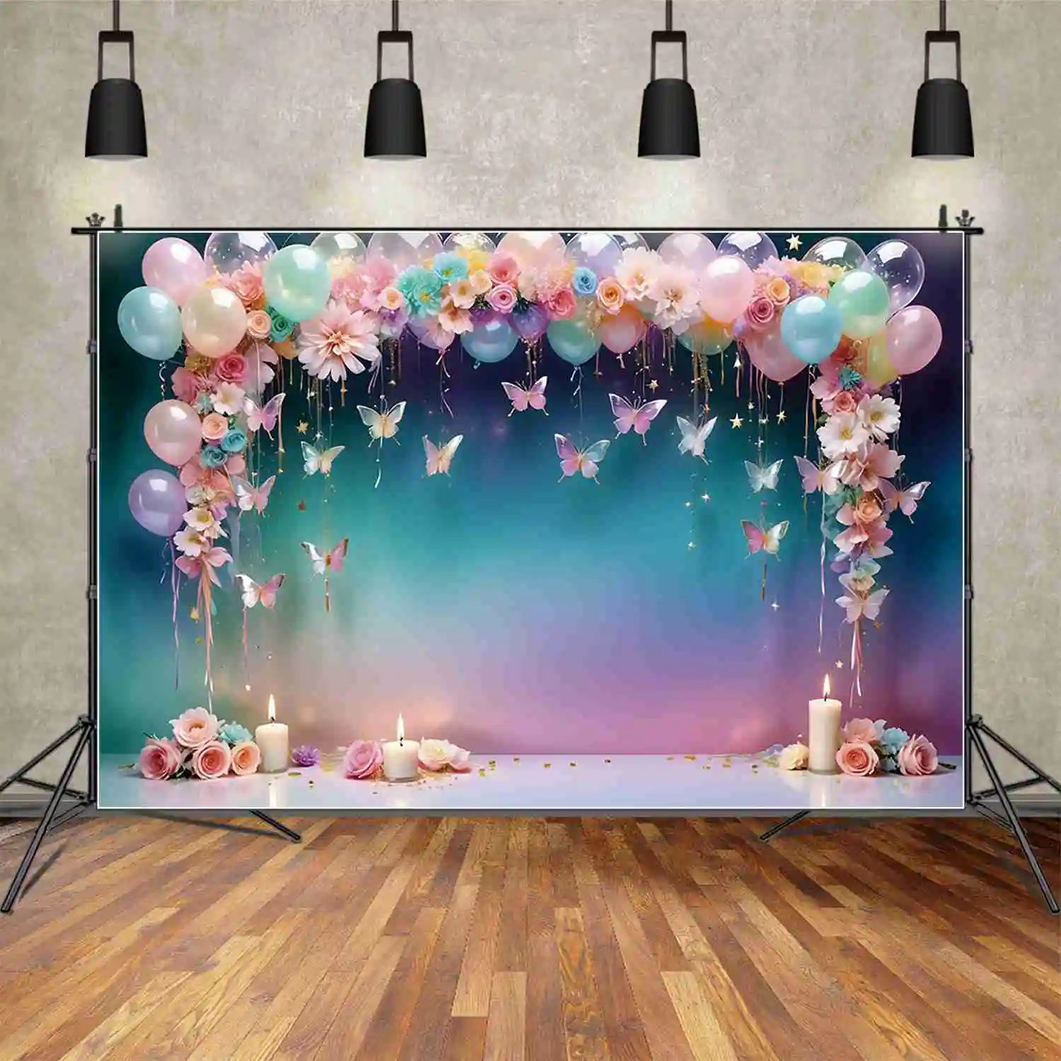 

MOON.QG бабочка цветок рамка первый день рождения фон детский воздушный шар градиентная стена декорация фотография под заказ