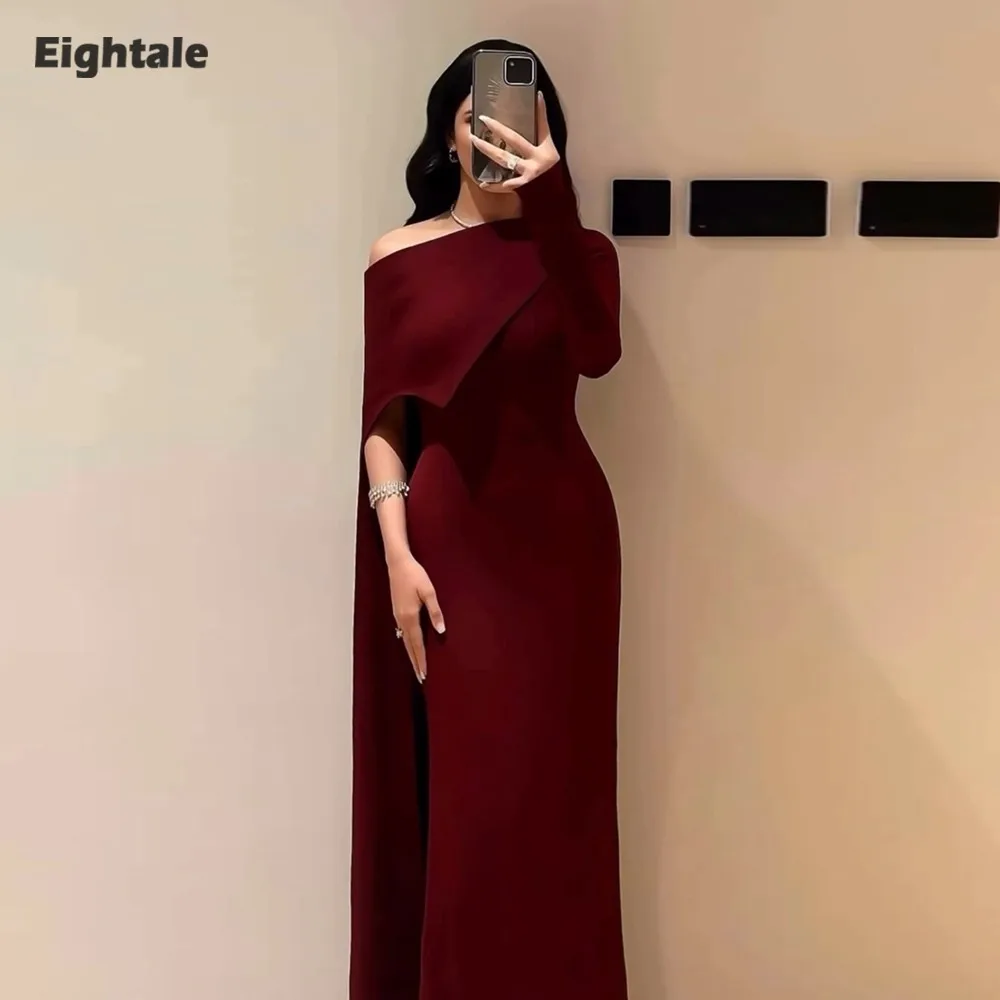 

Eightale Arabic Evening Dress for Wedding Party One Shoulder Long Sleeve Floor Length Mermaid Burgundy Customized Prom Gown