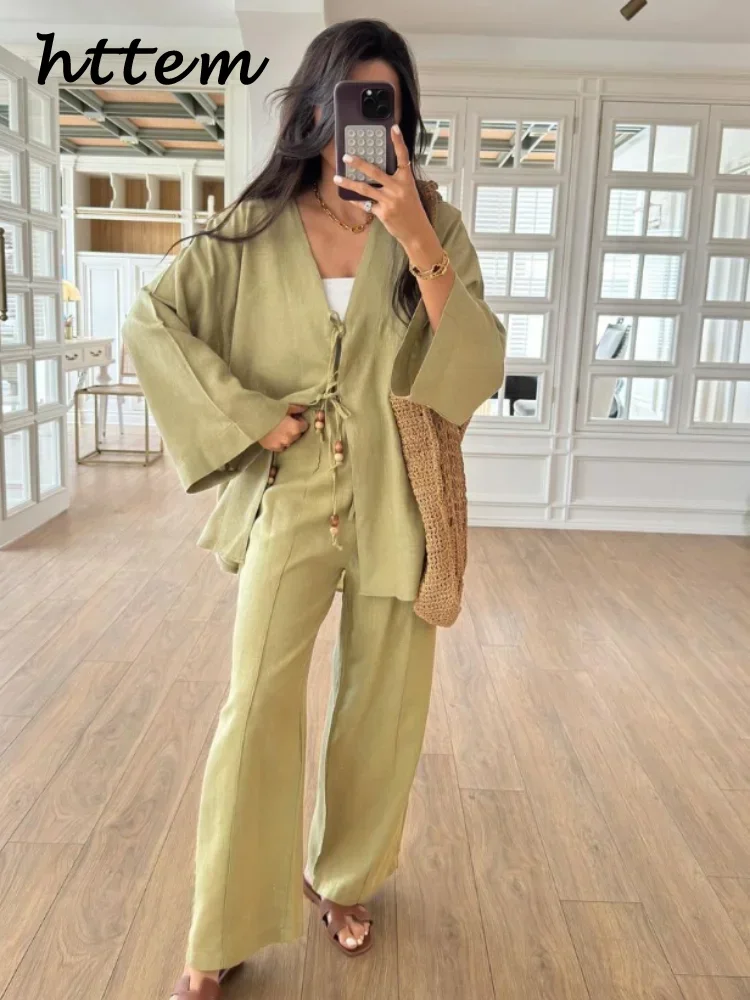 

Casual Beading Pants Sets 2 Pieces For Women Loose V Neck Lace Up Long Sleeve Shirt Wide Leg Pant 2024 Autumn Lady Chic Outfits