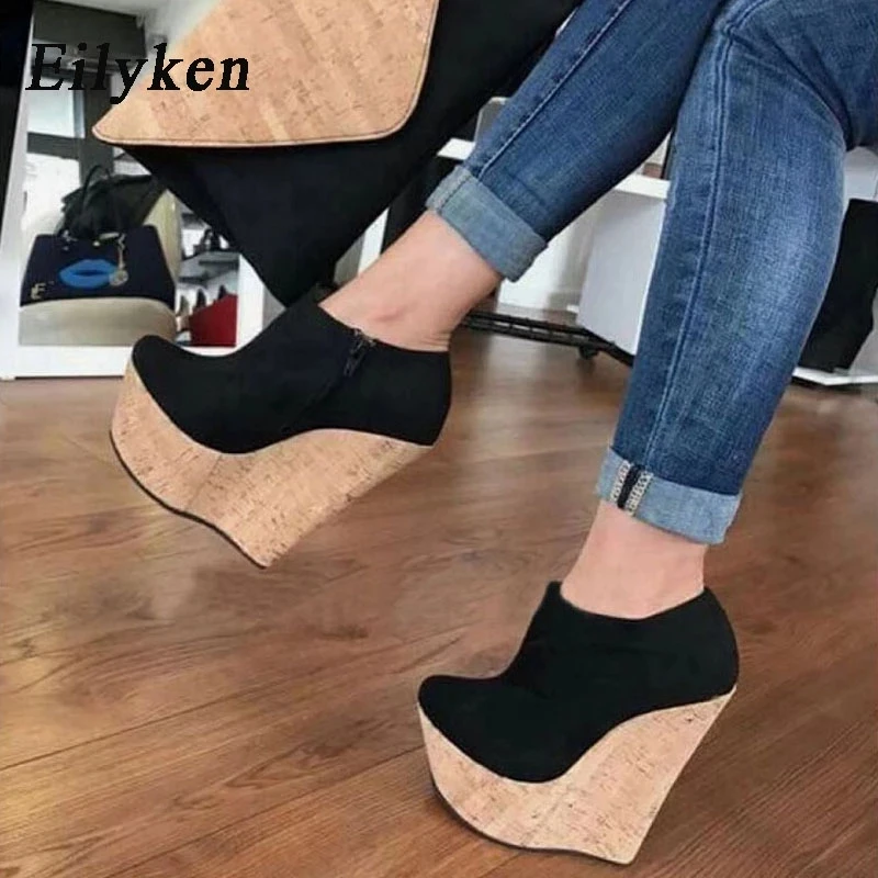 Eilyken Spring Autumn Fashion Flock Round Toe Zipper Platform Wedges Woman Pumps Sexy High Heels Nightclub Mules Shoes