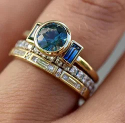 ORZTOON Fashion Gold Color Inlay Three Piece Set Blue Color Round Shape Stone Rings For Women Party Accessories Jewelry ﻿