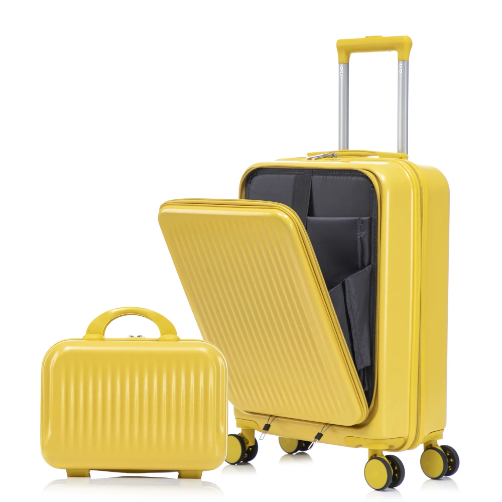 

2pcs ABS Travel Luggage Set 14/20 Inch Front Opening Suitcase Spinner Wheels Combination Lock 14" Cosmetic Case Black