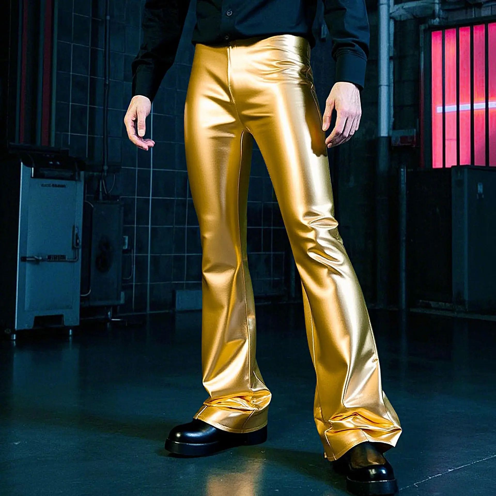 

Men's Shiny Glossy Golden Metallic Flare Pants Steampunk Nightclub Disco Imitation Leather Sexy Stage Party Dress Man Trousers