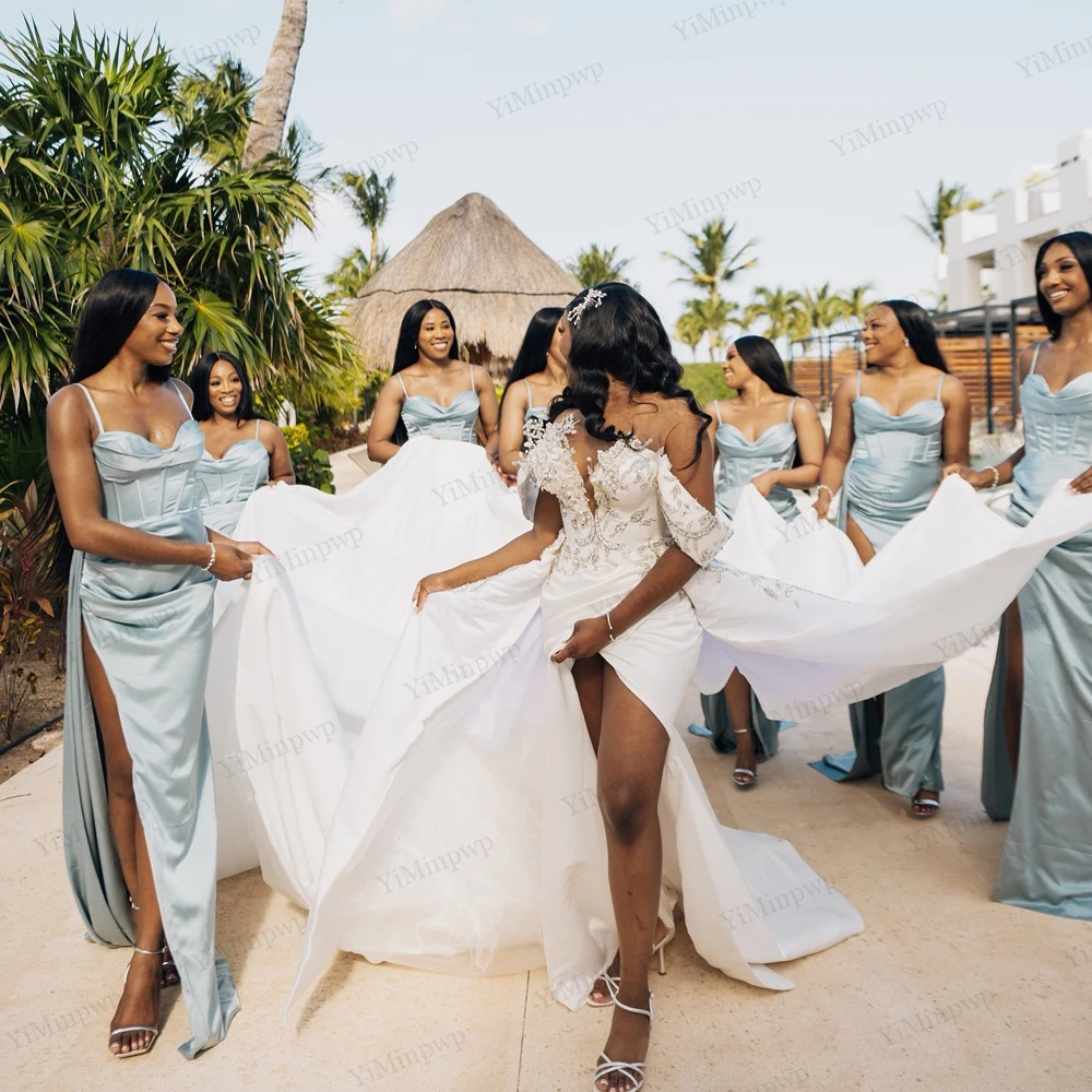 فستان زفاف أنيق بكريستال Aso Ebi برقبة دائرية 2 في 1 ذيل العروس بدون أكتاف حورية البحر مزين بفتحة من الساتان سويب تراين #3