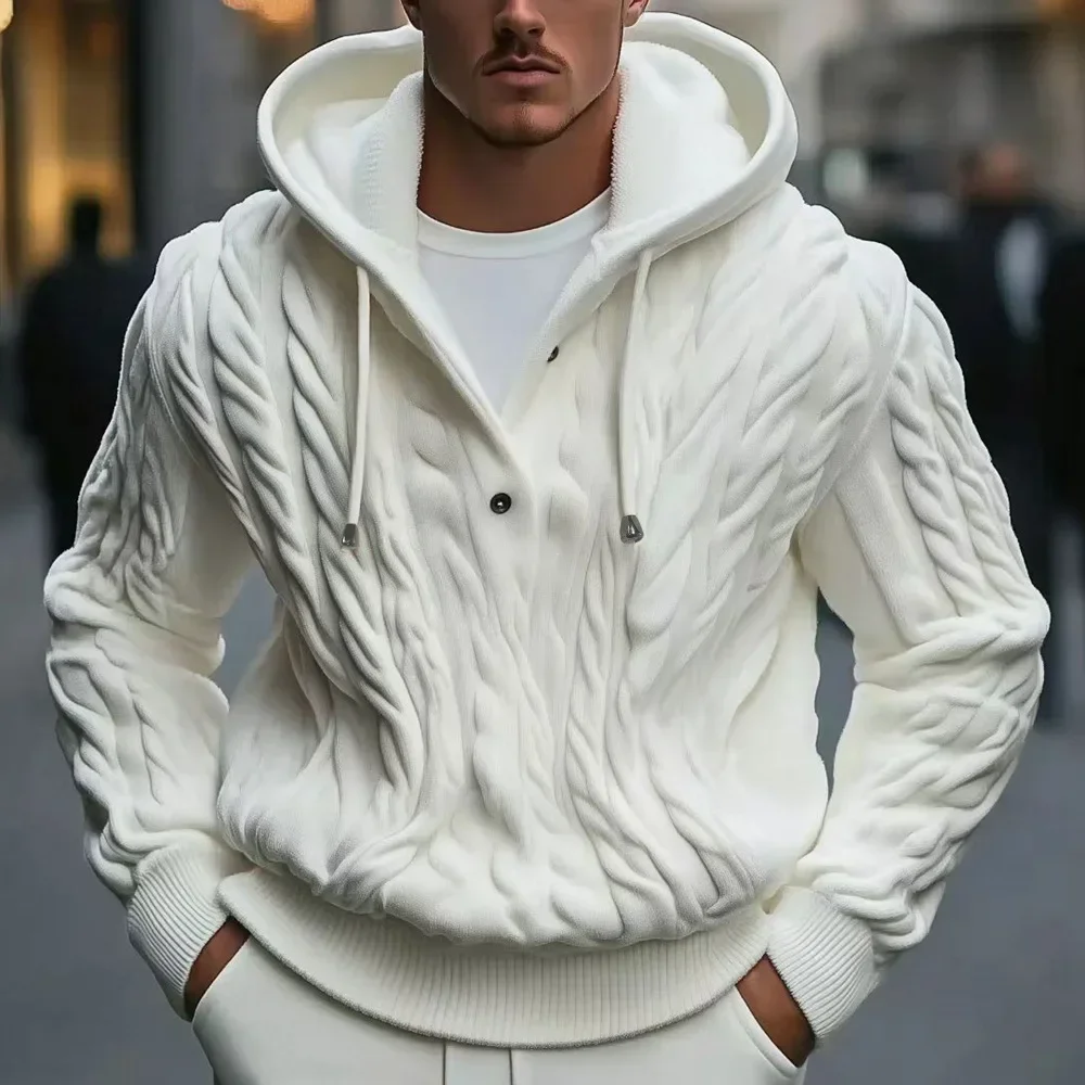 

Men Sweatshirts Pullovers Sweaters Solid Casual Loose Splice Hooded Knitted Drawstring Regular Thick Warm Tops Autumn Winter
