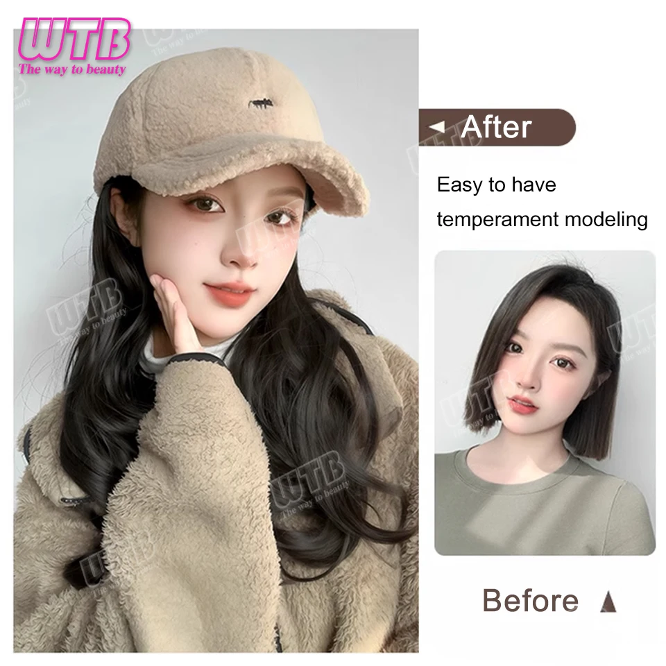 WTB Long Synthetic Fluffy Natural Wave Wavy Curly Hair Wigs with Hat Baseball Cap Naturally Connect Adjustable Hat Wig For women