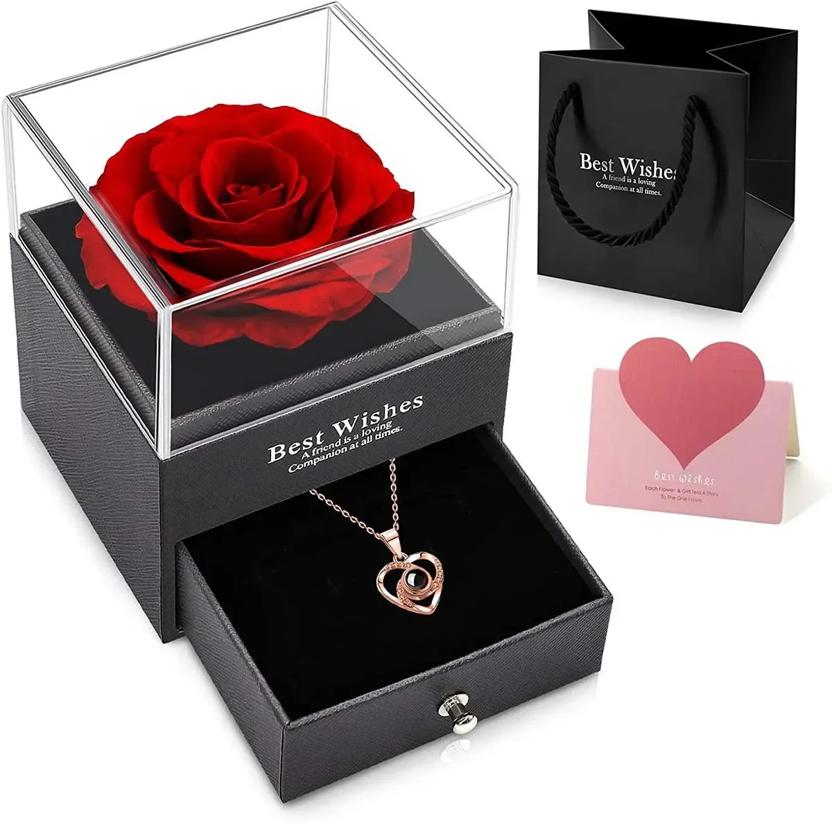 

1Set Love Necklace MOTHERS Day Eternal Flower Artificial Flower Gift Wedding Jewelry Box with Randomly Color Gift Bag and Card