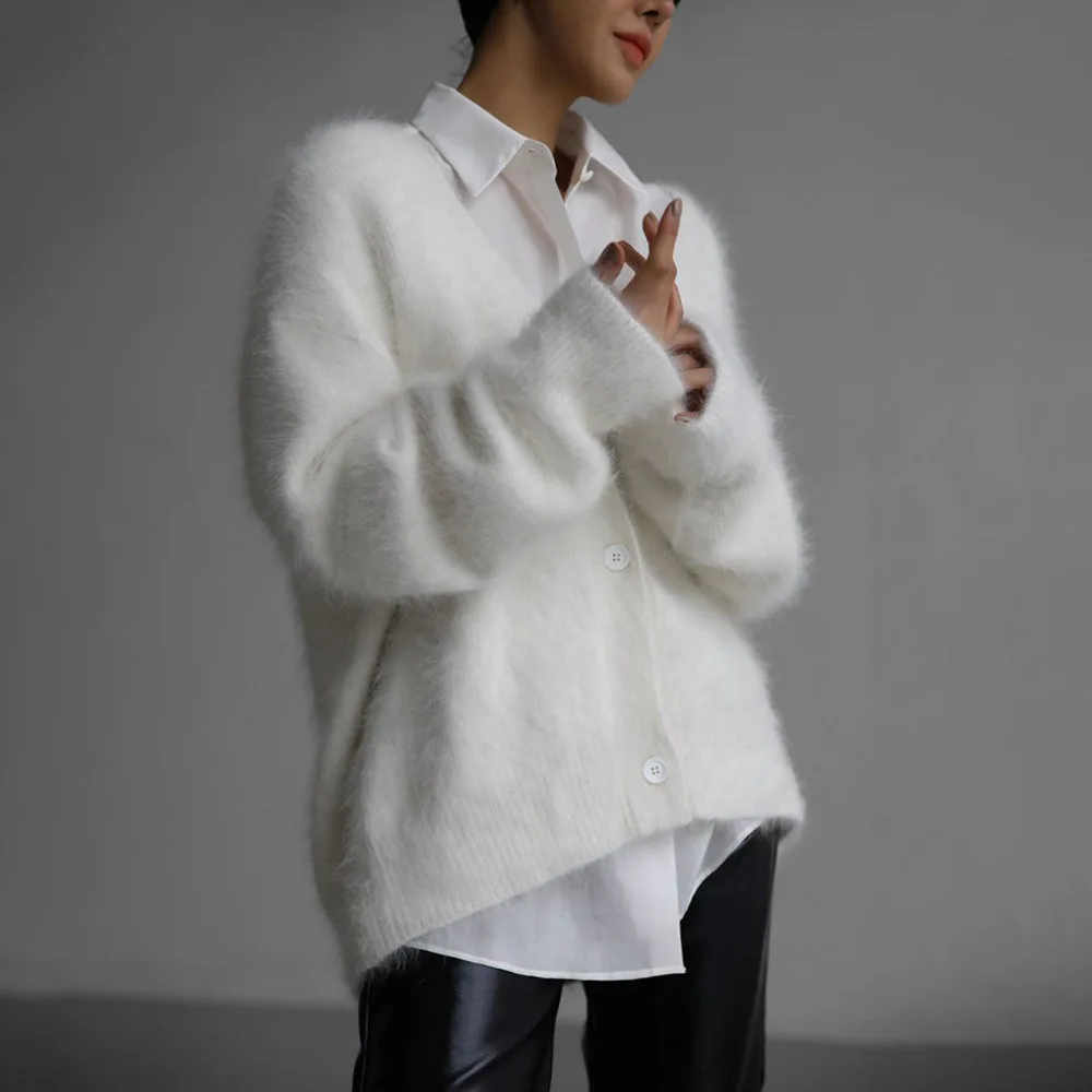 Imitation Mink Knitted Sweater Cardigan  Autumn and Winter Lazy Loose Long-sleeved V-neck Sweater Jacket Women Europe America