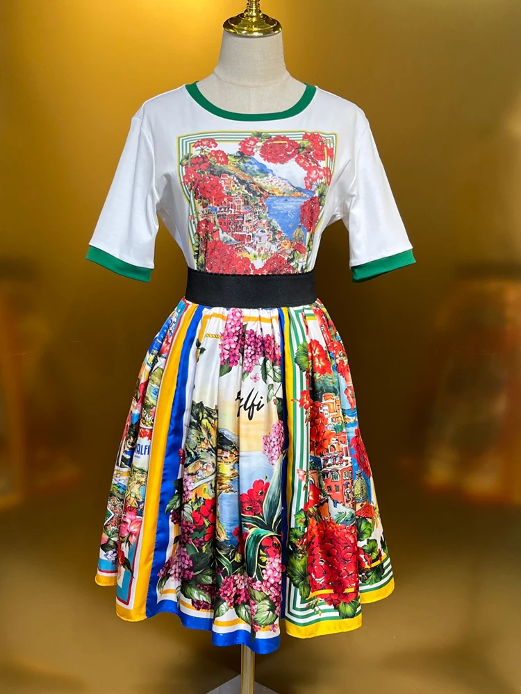 AELESEEN High Quality 100% Silk Skirt Sicilian Summer Runway Fashion Colorful Flower Print Letters Waist Elastic Mini Casual