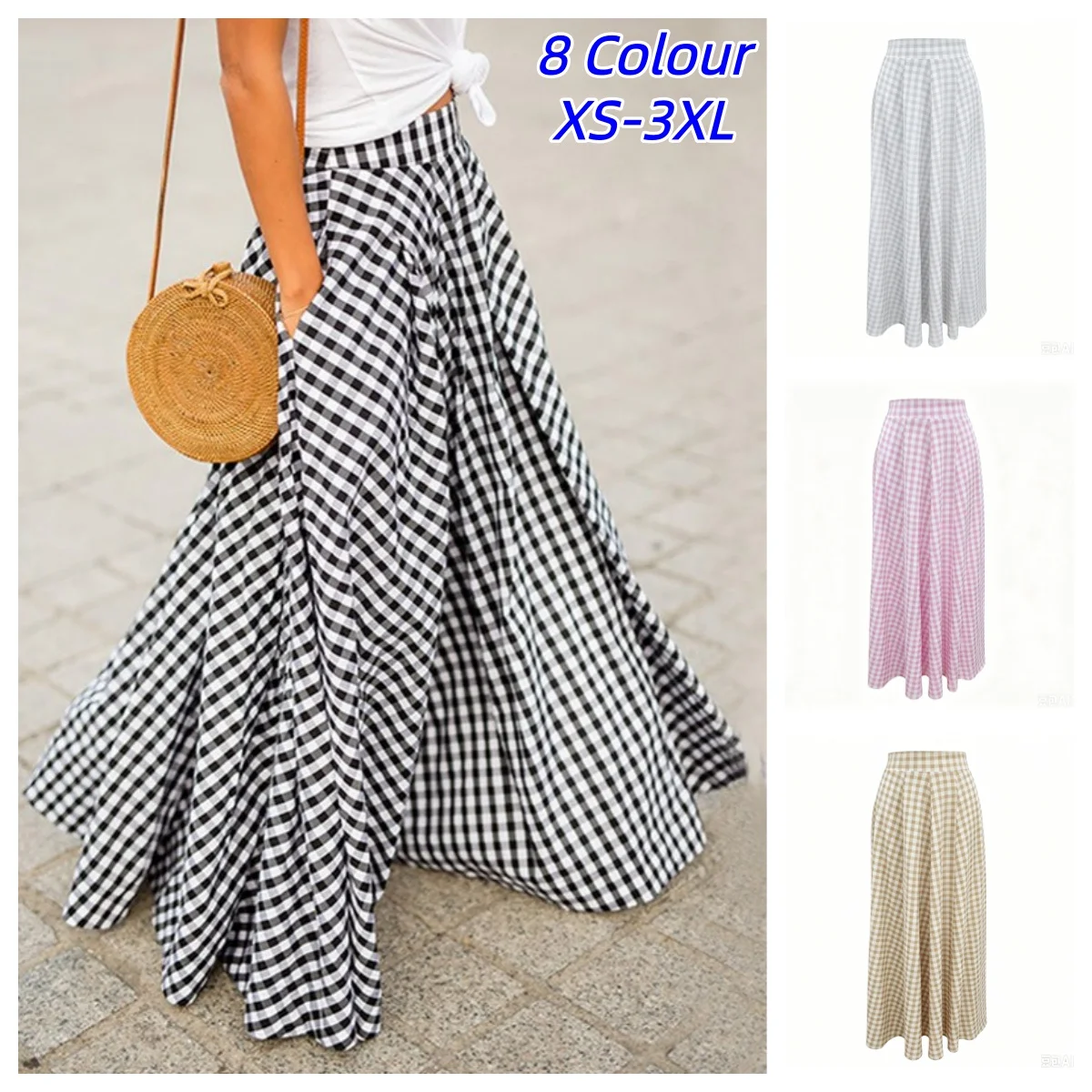 Falda Elegante de Moda para Mujer, Casual, de Cintura Alta, Holgada, Larga, Retro, para Vacaciones, Oficina, Falda Vichy, Ropa Femenina