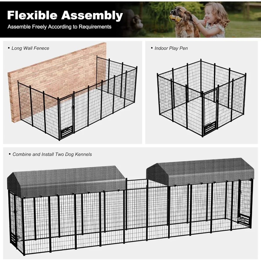 Large Dog Kennel Outside with Roof Heavy-Duty Indoor Outdoor Run Dog Enclosure with Removable Cover Dog Pens Outside