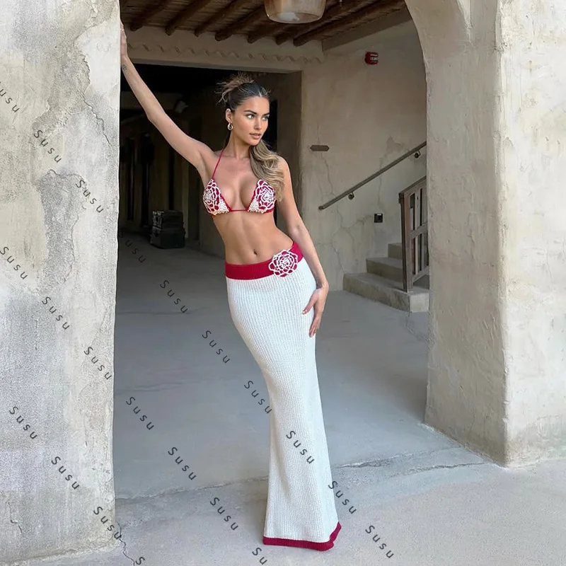 

2025 новая европейская и американская женская одежда, осенняя сексуальная вязаная крючком висячая шея, маленькие подтяжки контрастного цвета, тонкие