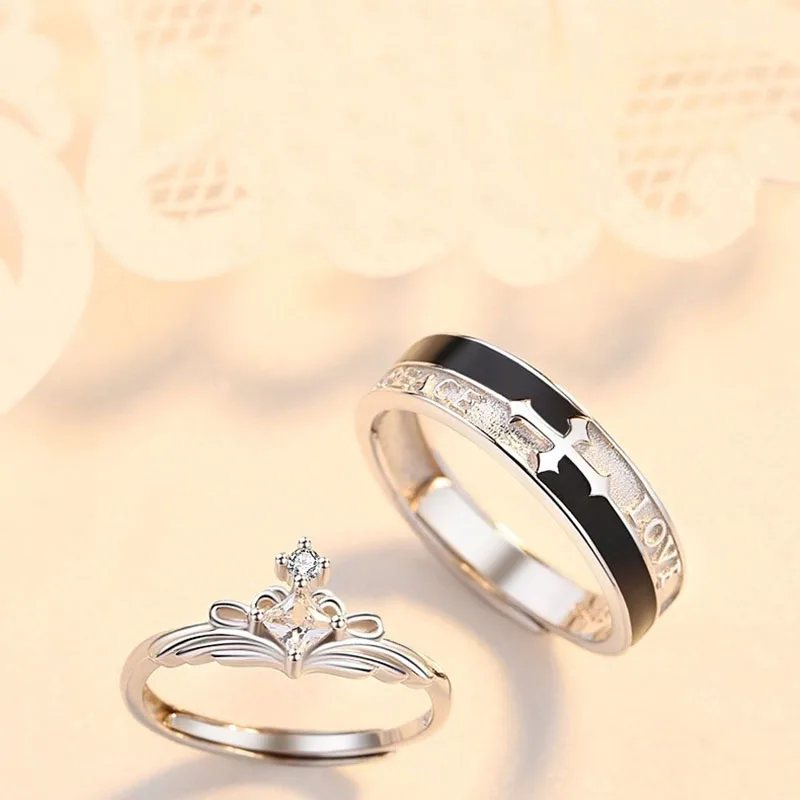 New hot selling silver color personality cross crown shape princess knight fashion couple opening ring 319