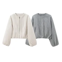 TRAF Chaqueta corta Beige prendas de vestir exteriores para mujer 2024 Otoño Invierno lana y mezcla chaqueta Bomber corta universitaria moda Casual abrigo gris