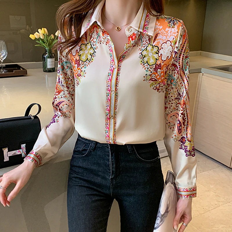 2024 Autumn Fashion Floral Print Blouse Women Satin Shirts Office Lady Elegant Tops Long Sleeve Silk Clothes 18440