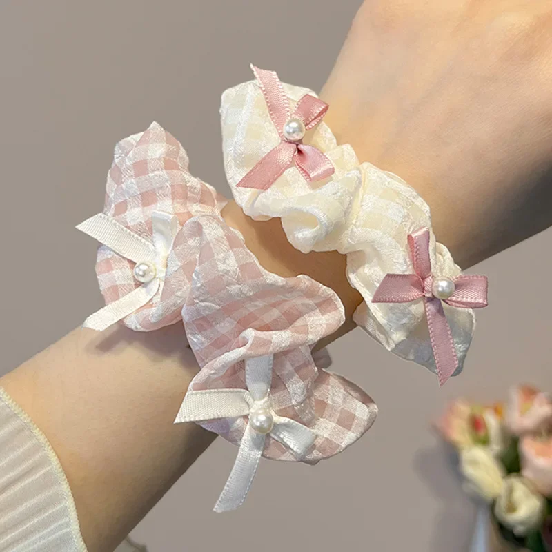 Pink Bow Imitation Pearl Large Scrunchie Sweet Elastic High Ponytail Holder Plaid Dot Lace Hair Ties for Women New Accessories