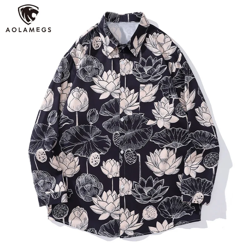 High Street Lotus Flower Graffiti Printed Long Sleeve Shirts for Men Autumn New Fashion Lapel Button Shirt Oversized All-match