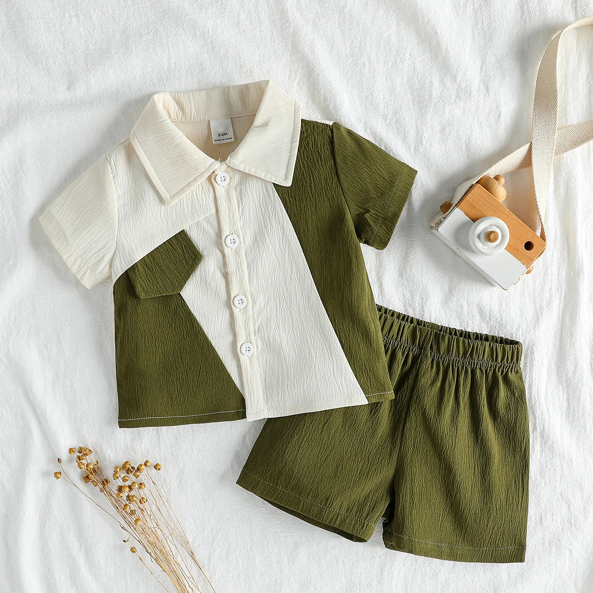 

Toddler Boy Sets Summer Clothes Contrast Color Short Sleeve Shirt Elastic Waist Solid Color Shorts 2Pcs Outfit Daily Clothes