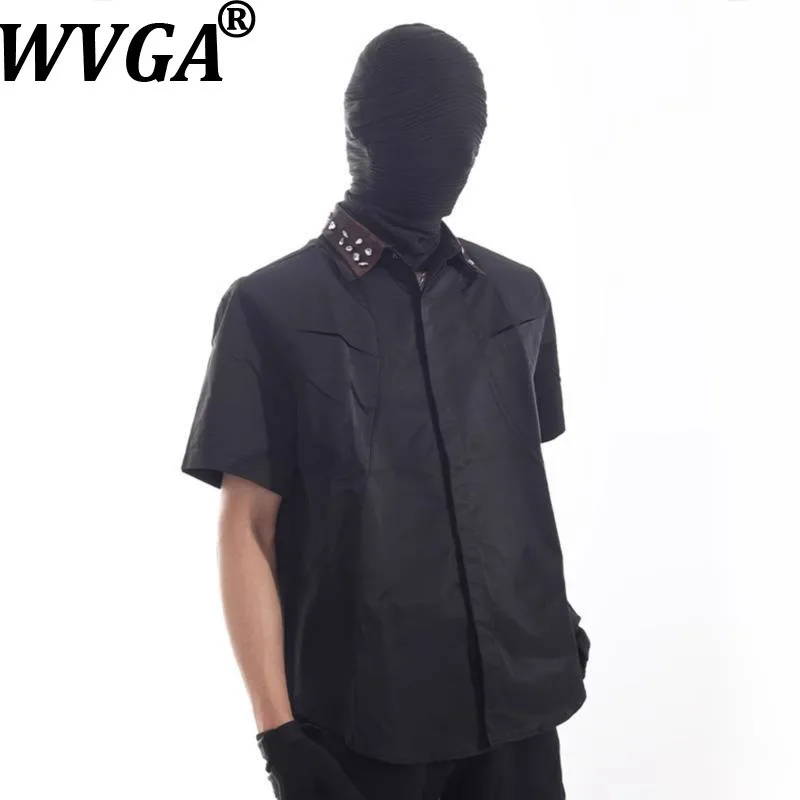 

WVGA Summer New Man Tide Turn-Down Collar Diamond Padded Shoulder Short Sleeve Shirts Chic Casual Patchwork Leather Shirt W8866