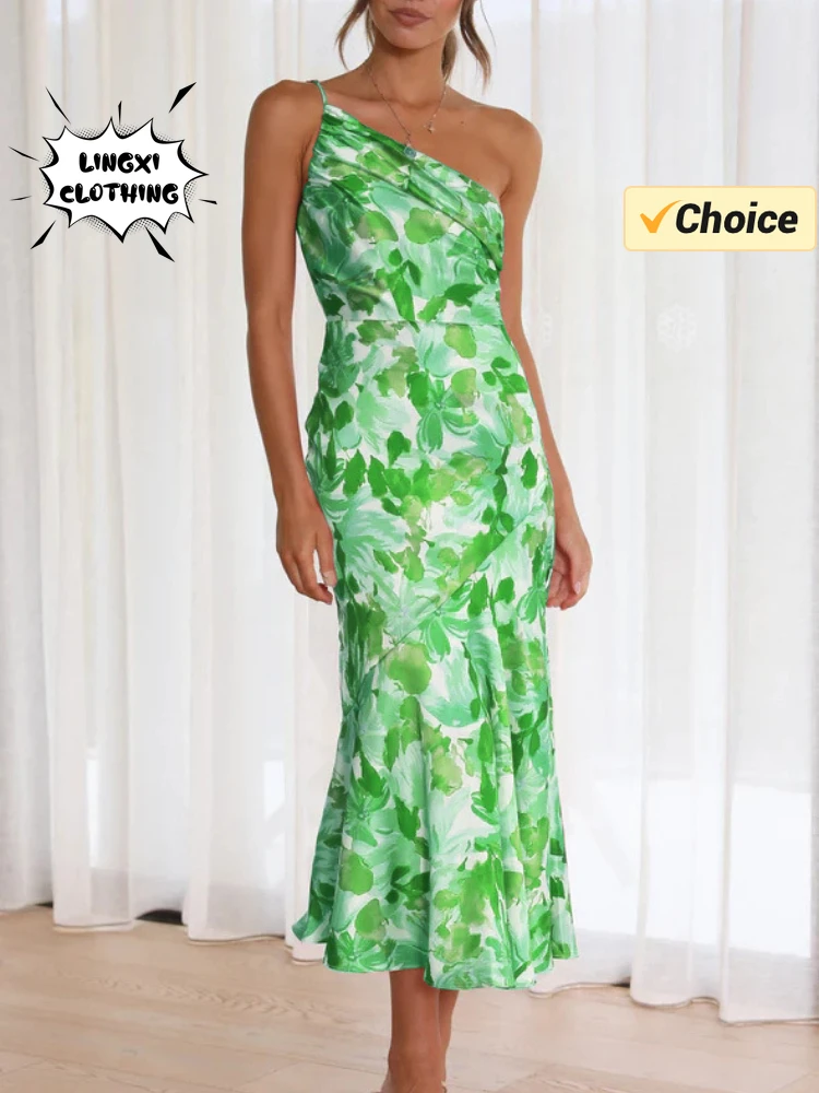 Summer Fashion Summer Skew Shoulder Print Holiday Style elegante abito Sexy da donna temperamento Beach abito lungo a coda di pesce da donna