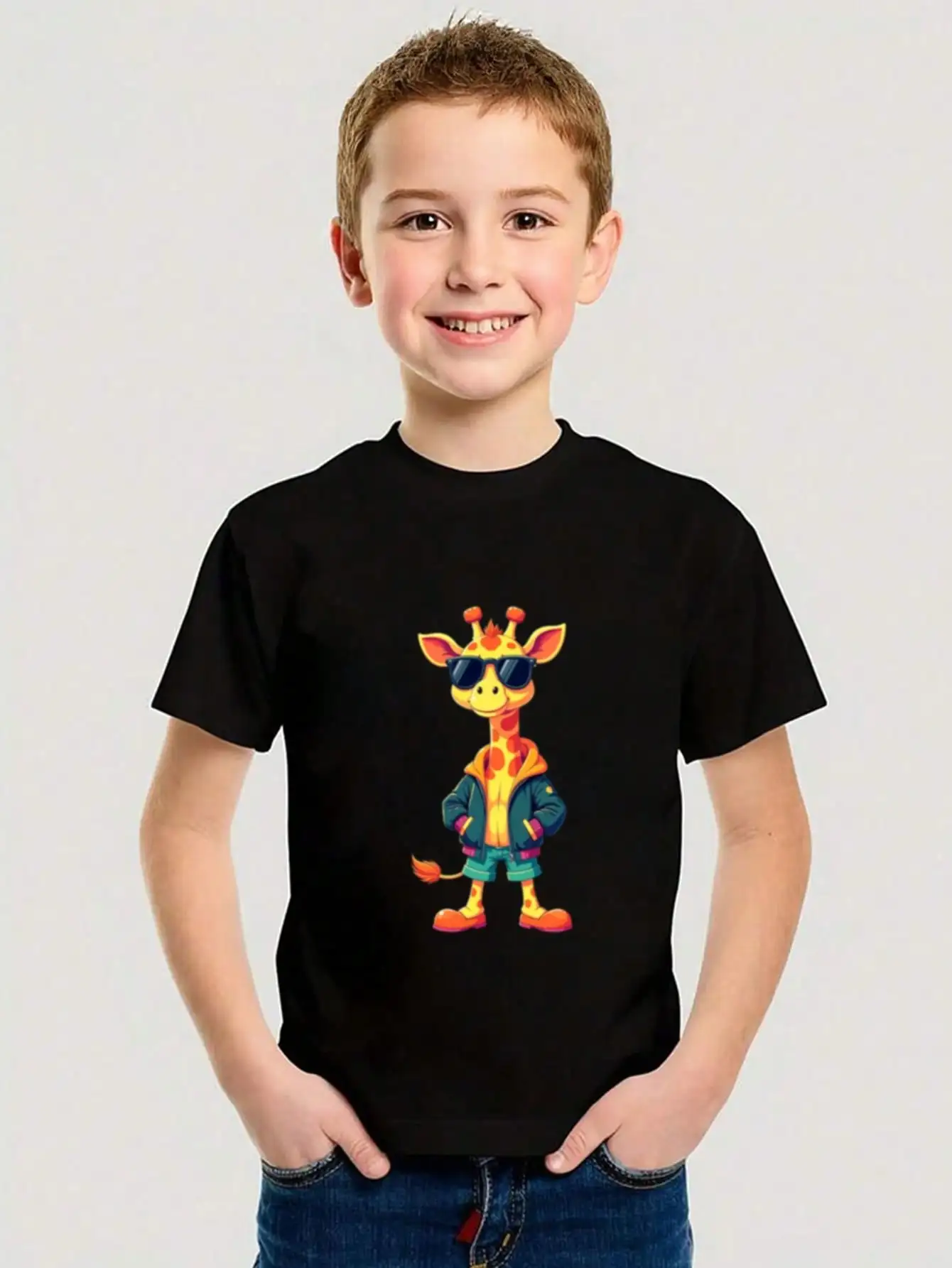 

Boys/Girls Summer Cartoon Character Cotton Graphic Tees, Black Urban Style Summer Tops With Cool Giraffe Illustration