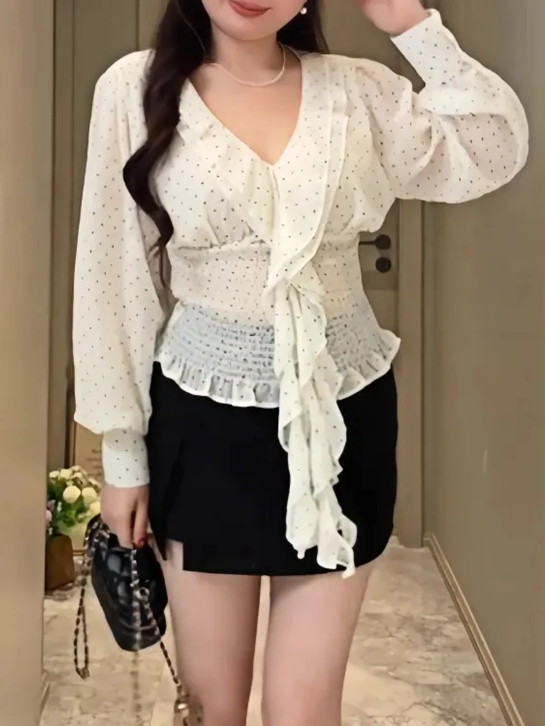 

Женская блузка больших размеров с V-образным вырезом, летняя, новый стиль, для офиса, красивый топ из полиэстера, с длинным рукавом, дышащая, комфортная