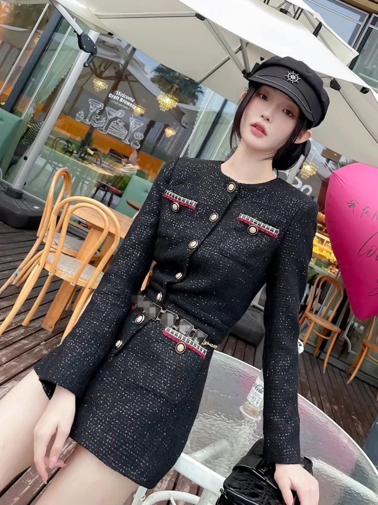 Office Ladies Fashion Long Sleeve New Spring Tweed Rompers O-Neck High Waist Designer Single Breasted Wide Leg Women Playsuits