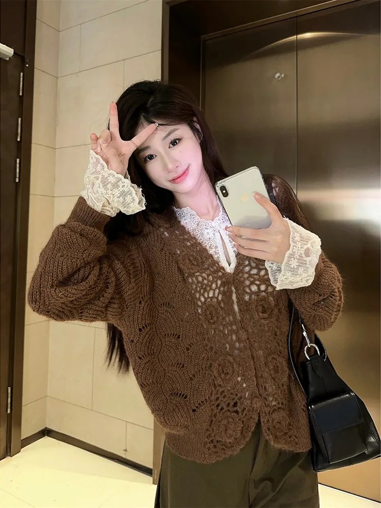 

Retro Spring Outfit Women's New 3D Flower Sweater Clete Set OOTD Matching Lace irt Long Sve V Ne Button Closure Casual