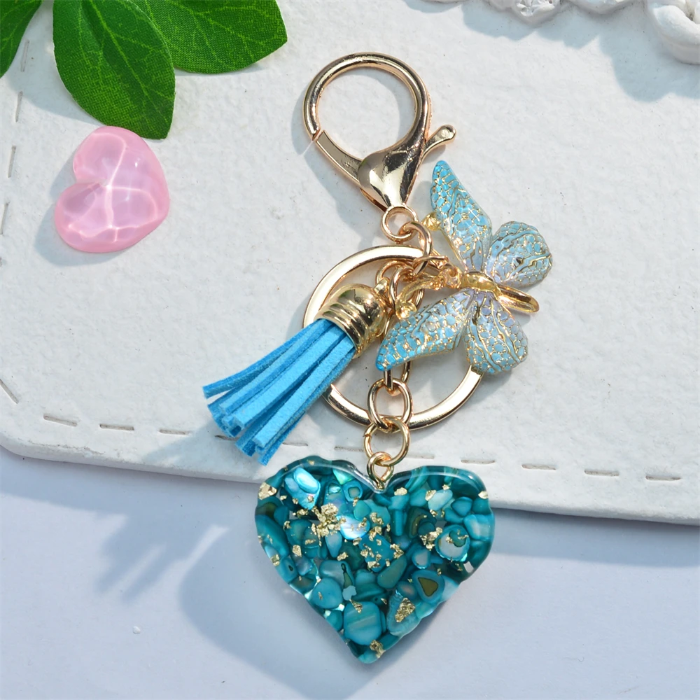 Exquisite Heart Charms Keychains With Butterfly Tassel Shiny Sequin Filled Resin Keyrings Women Bag Ornaments Car Trinket Gifts