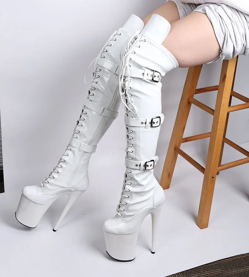 LAIJIANJINXIA-Bottes noires en cuir verni pour femmes, chaussures de danse à talons hauts, bottes au-dessus du genou, chaussures de pole légiti, chaussures à plateforme sexy, chaussures de fête, nouveau, 20cm