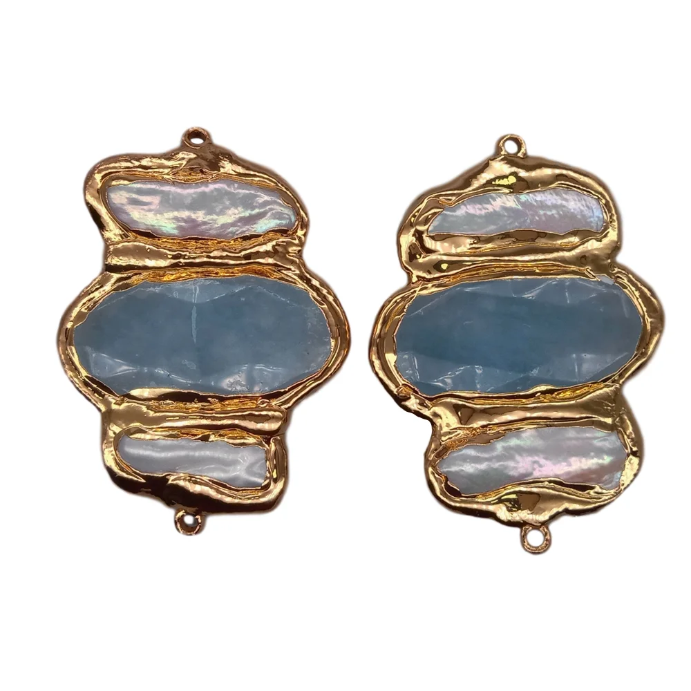 

3 PCS White Biwa Pearl Blue Jade Pendant Double Ring Metal Bezel Connector