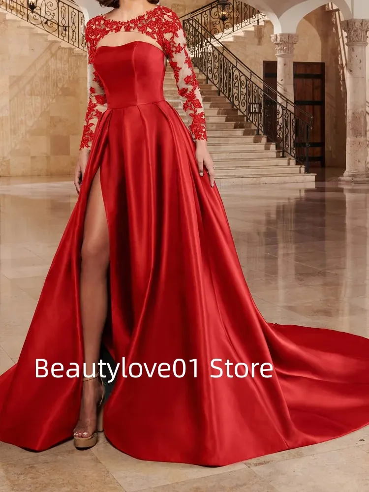 2024 New Red Two Piece Ball Dress with Flower Inlaid Off Shoulder Tulle Lace Floor Sweeping Evening Dress Formal Occasion Dress