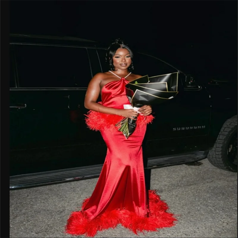 

Красные платья для выпускного вечера русалки с бретелькой на шее по индивидуальному заказу, без рукавов с перьями, Vestidos De Noche, вечерние платья длиной до пола 2026