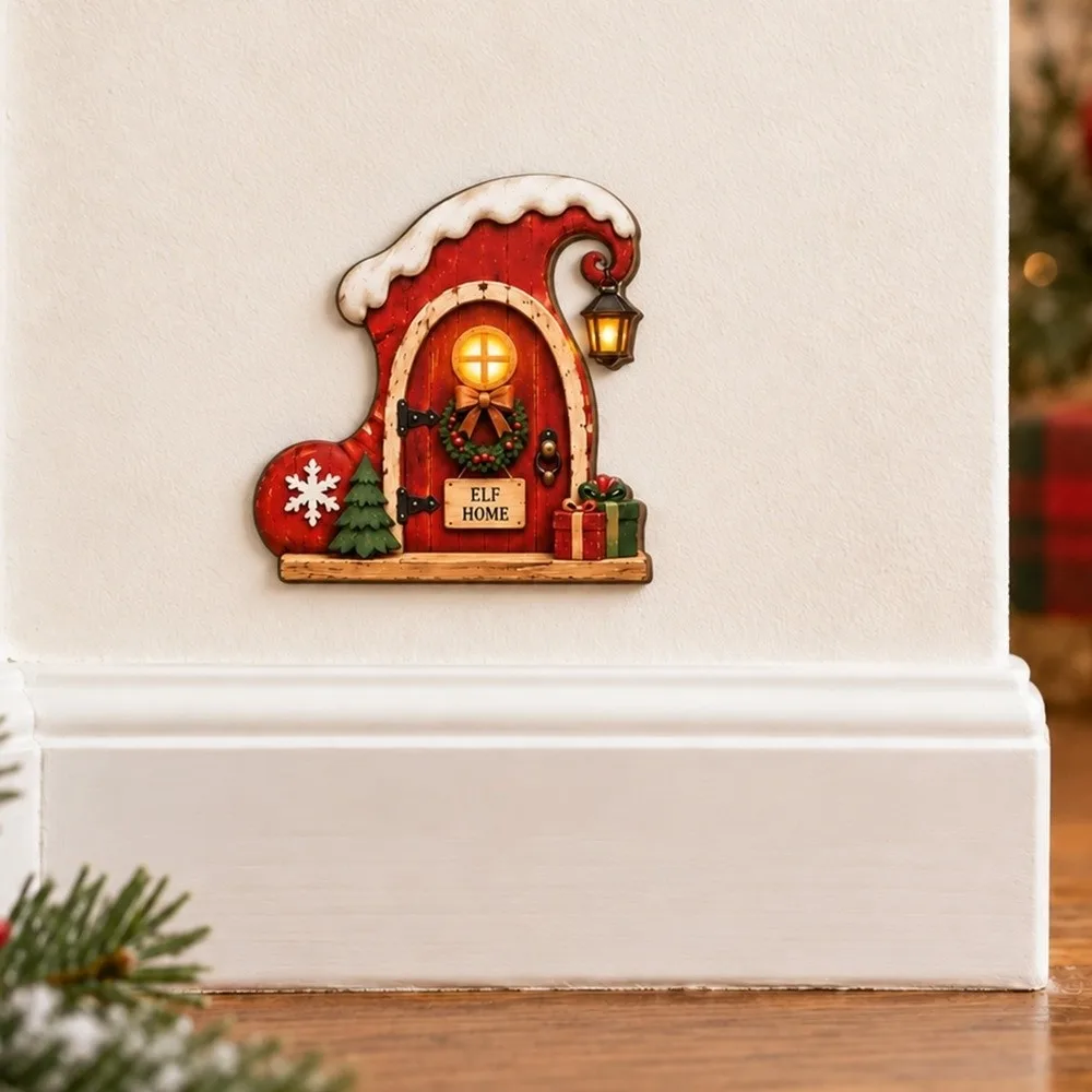 Natural Wood Christmas Miniature Door Miniature Size Vivid Colors Wooden Fairy Ornament UV Printing 2D Flat Holiday Wall Paste