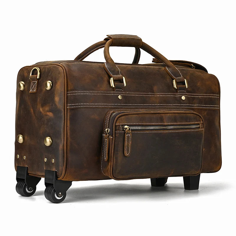 Large genuine leather luggage bag wheels duffle bag trolley case hand luggage with rolls men women leather Trolley Case flights