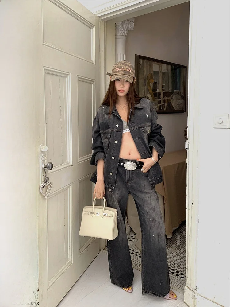 

Ranwear Vintage Splaed Ink Denim Jaet And Pants Set ort Sle Long Sve Women's Faion Spring Collection USA Origin